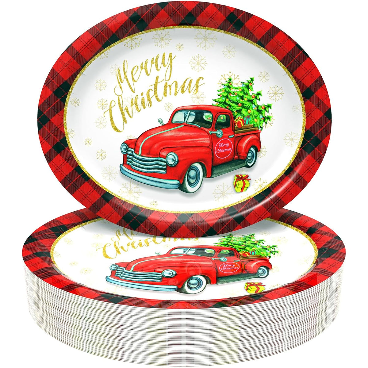 50-Count Christmas Disposable Paper Plates: Large Oval Heavy-Duty Dinnerware Set For Party Supplies And Holiday Dinner Table Decorations, 10.2 X 12.6 Inch (Christmas-Car)