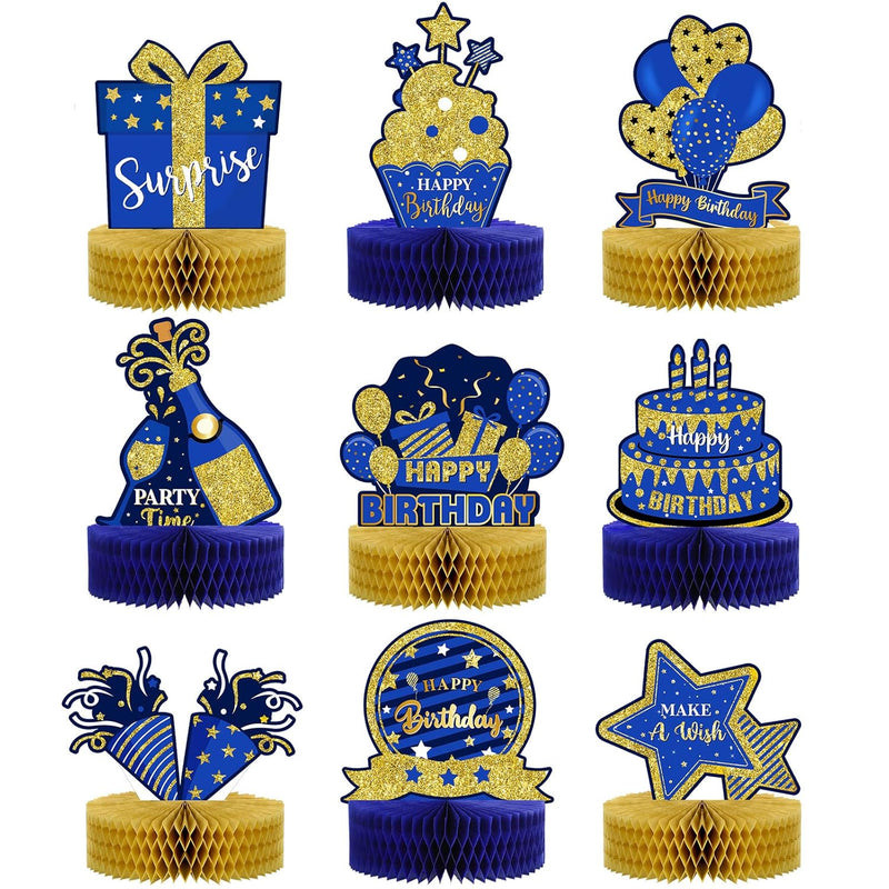 9 Pieces Blue Gold Birthday Table Decorations Happy Birthday Honeycomb