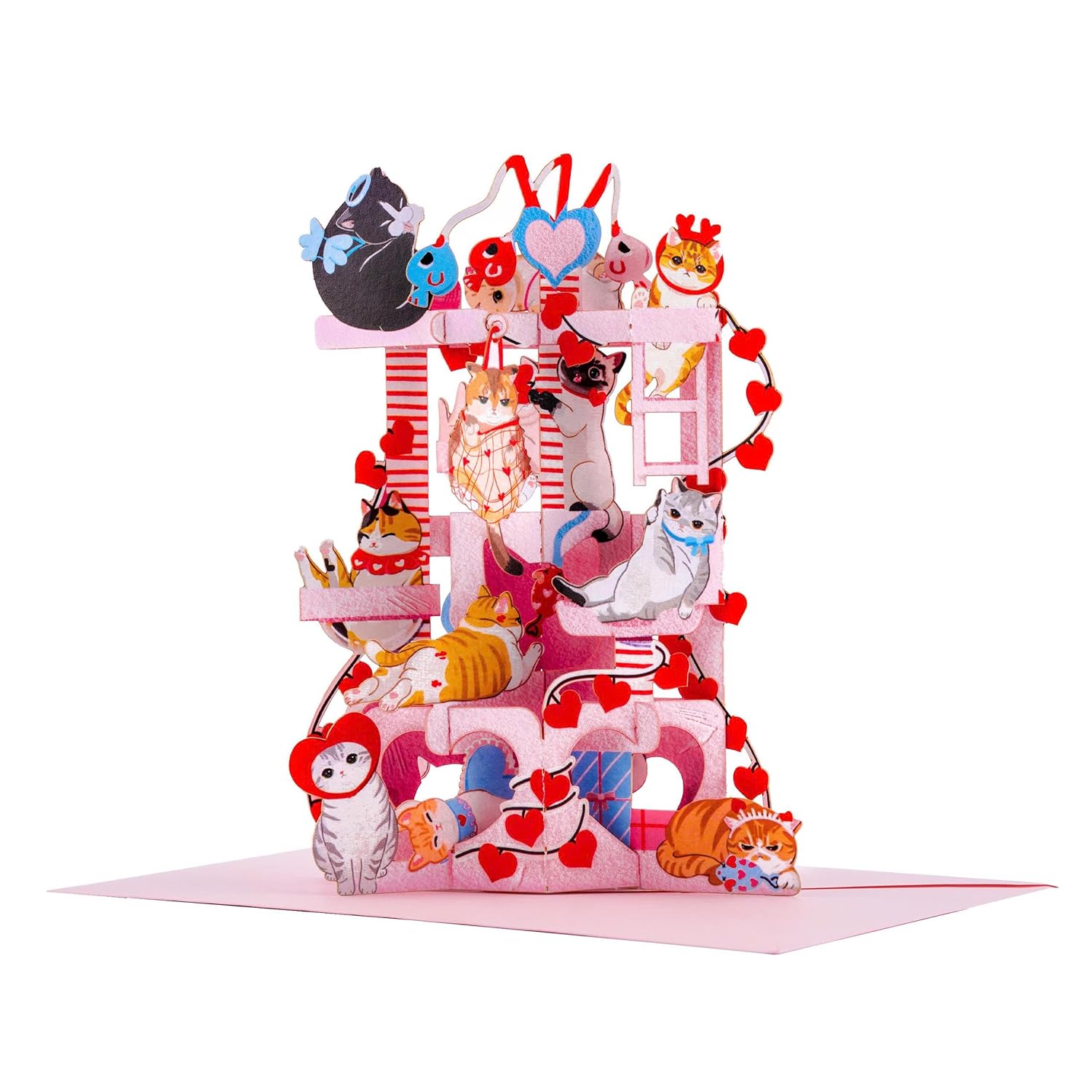 Joyful Cat Tree Pop Up Card, 7 Inches Cute Cats 3D Greeting Card With Hearts, Adorable Love Card For Her, Wife, Valentine’S Day, Birthday, Anniversary, Includes Envelope & Message Note
