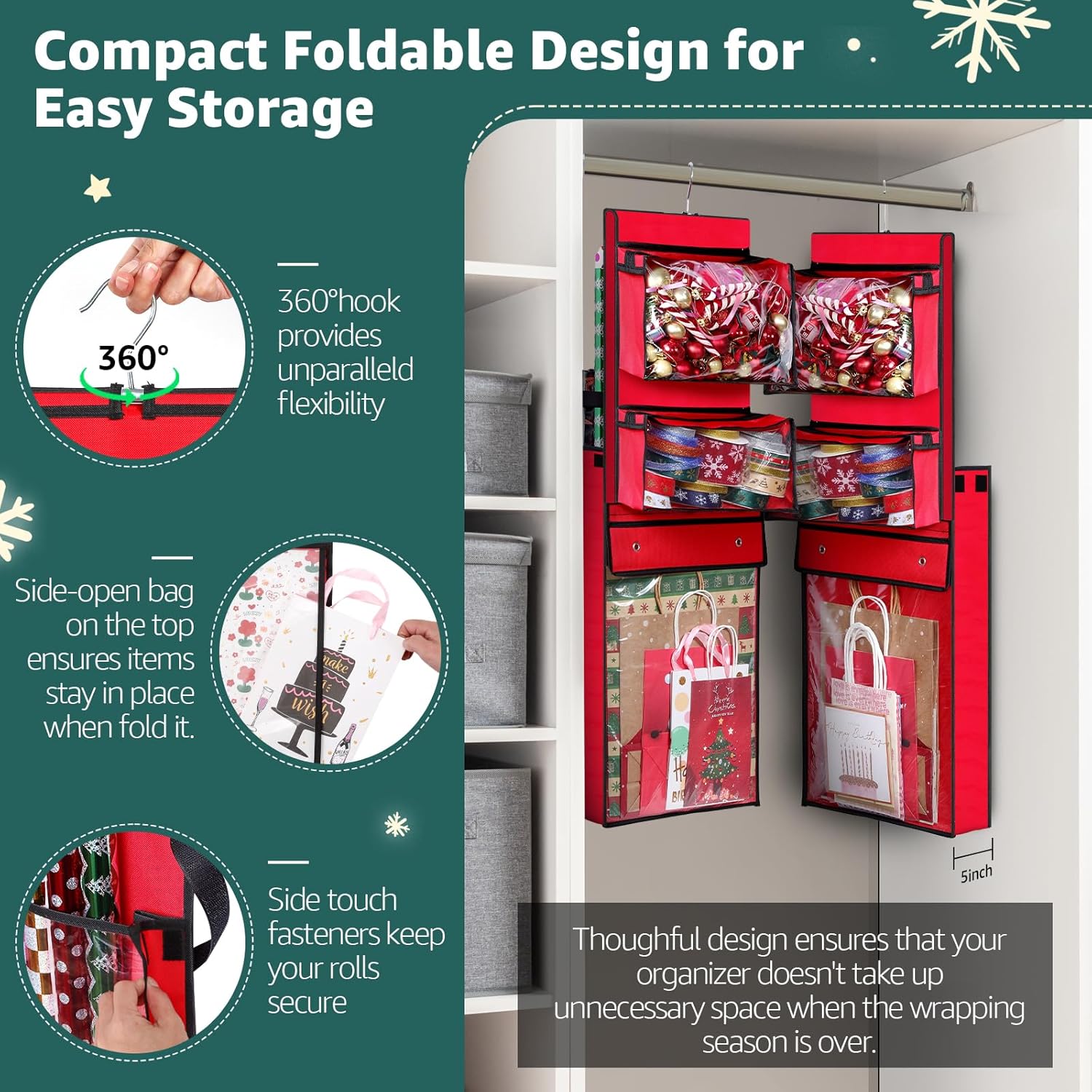 Wrapping Paper Organizer Storage, Double-Sided Hanging Gift Wrap Roll Holder For Christmas, 63"X13" Over Door Present Bag Container For Room Closet, Red Wrapper Station For Birthday