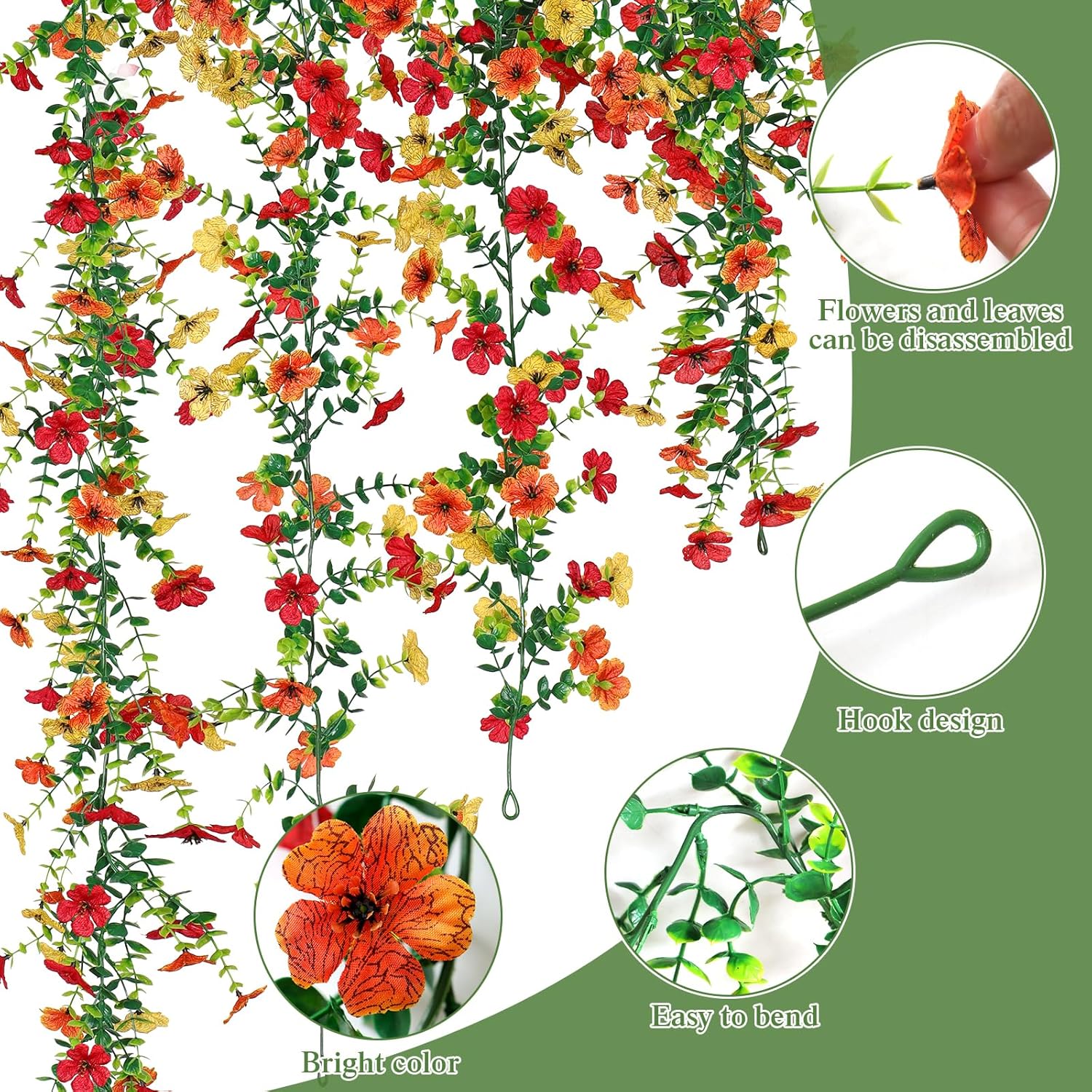 2 Pack Artificial Flowers Garland Ivy,Spring Summer Decor Uv Resistant Fake Daisy Vines Floral Vine Silk Hanging Flower For Decor Home Garden Wedding Photo Booth Backdrop (Red Orange Yellow)