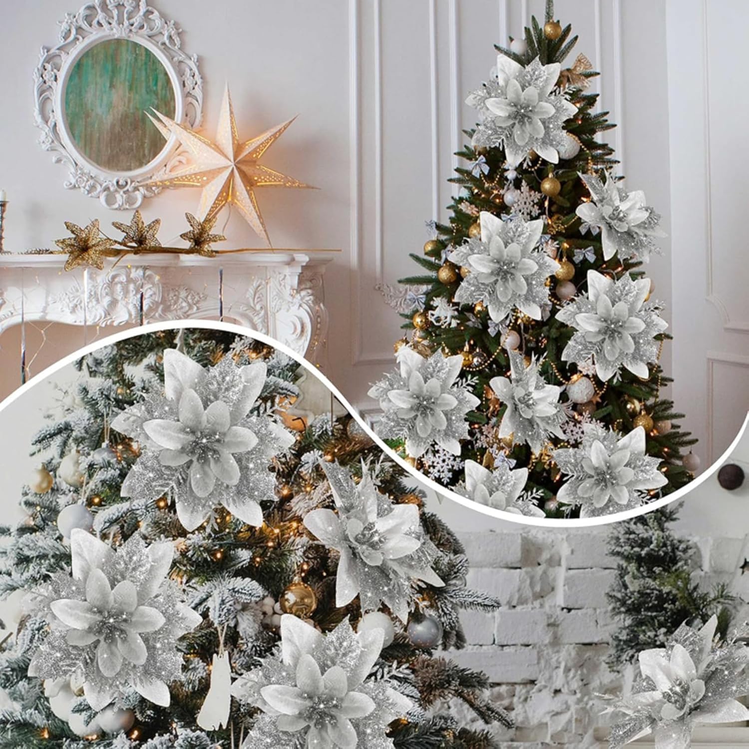 12 Pcs Silver Poinsettia Flower Artificial Poinsettias With Clips, Xmas Flower Decor With Stems, Glitter Poinsettia Christmas Ornaments Christmas Tree Decorations, Diy Xmas Wreath Home Party Decor