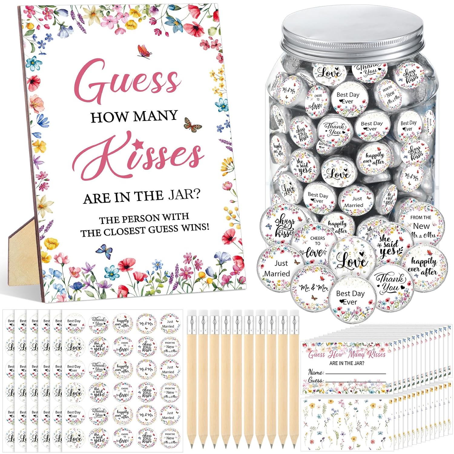 242 Pcs Guess How Many Kisses Bridal Shower Games 1 Standing Sign 50 Guessing Cards 180 Wildflower Kisses Stickers 10 Pencils 1 Jar For Bridal Shower And Weddings