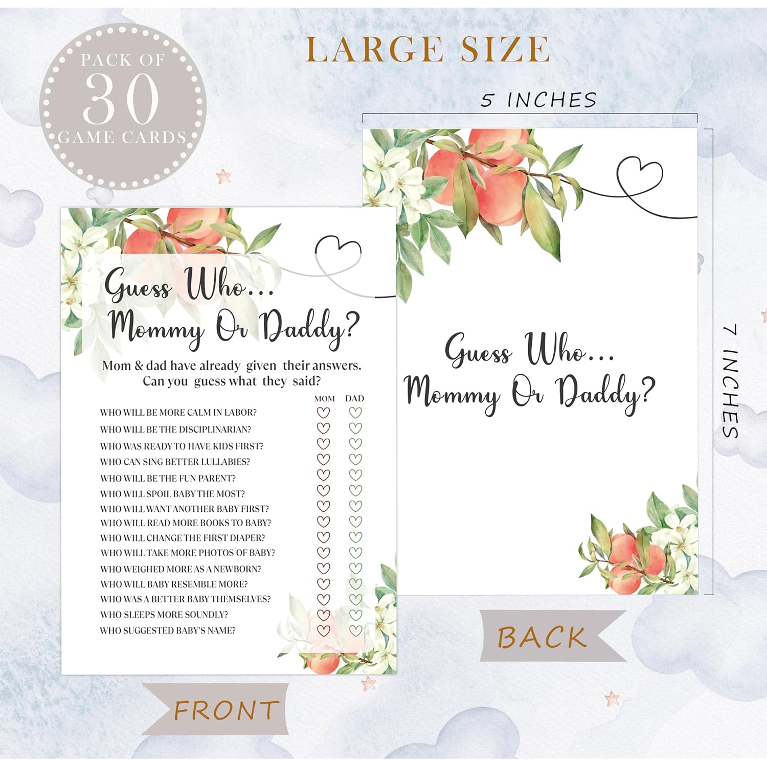 White Floral Peach Guess Who Mommy Or Daddy Game, Baby Shower Games, Pack Of 30 Game Cards, Gender Neutral Boy Or Girl - Fa35