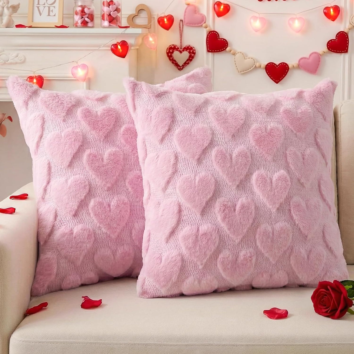 Valentines Pillow Covers 18X18 Inch Set Of 2, Valentines Day Decorations Pink Soft Plush Faux Fur Jacquard Heart Throw Pillow Covers For Couch Sofa Home Office Living Room Bedroom Decor (Pink)