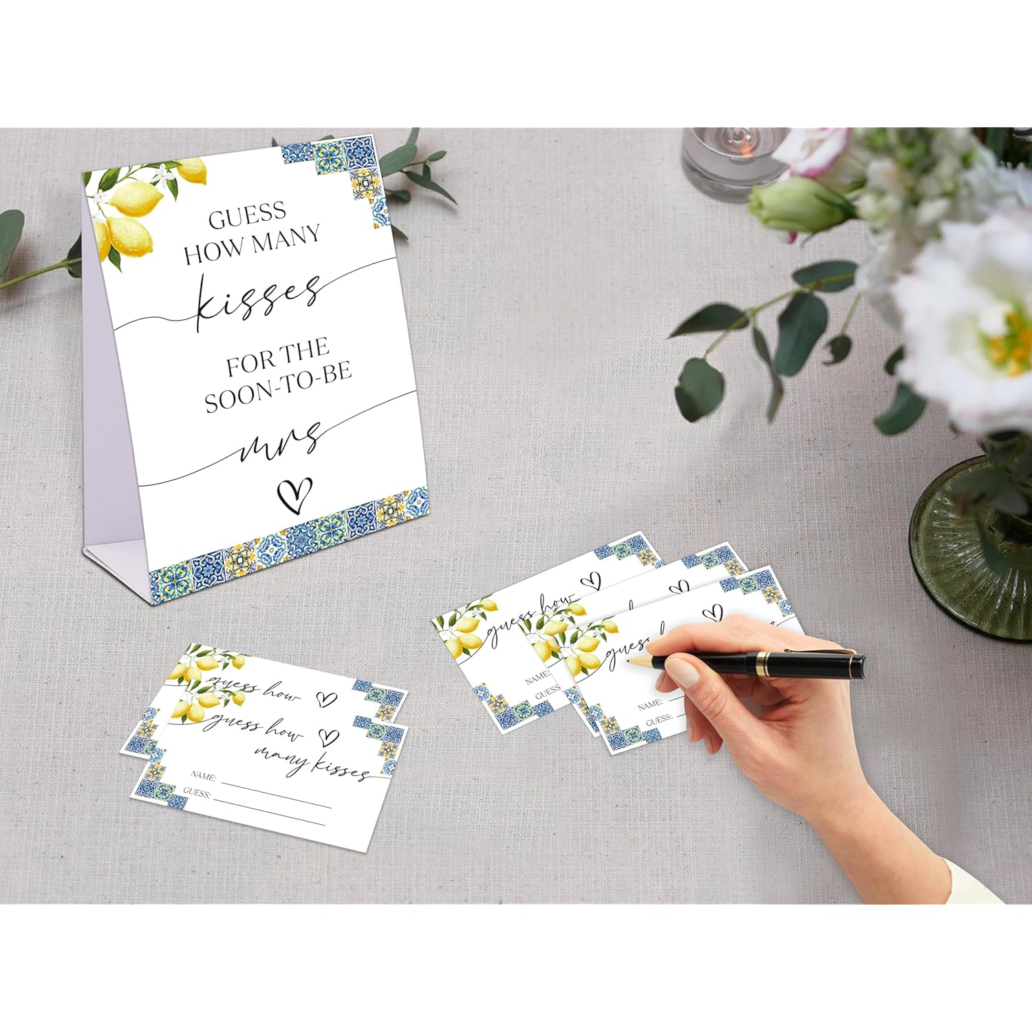 Blue Tiles And Lemons Bridal Shower Game, Guess How Many Kisses For The Soon To Be Mrs, Pack Of 1 Sign And 50 Guessing Cards, Modern Bridal Shower Decorations, Wedding Shower Supplies - 02