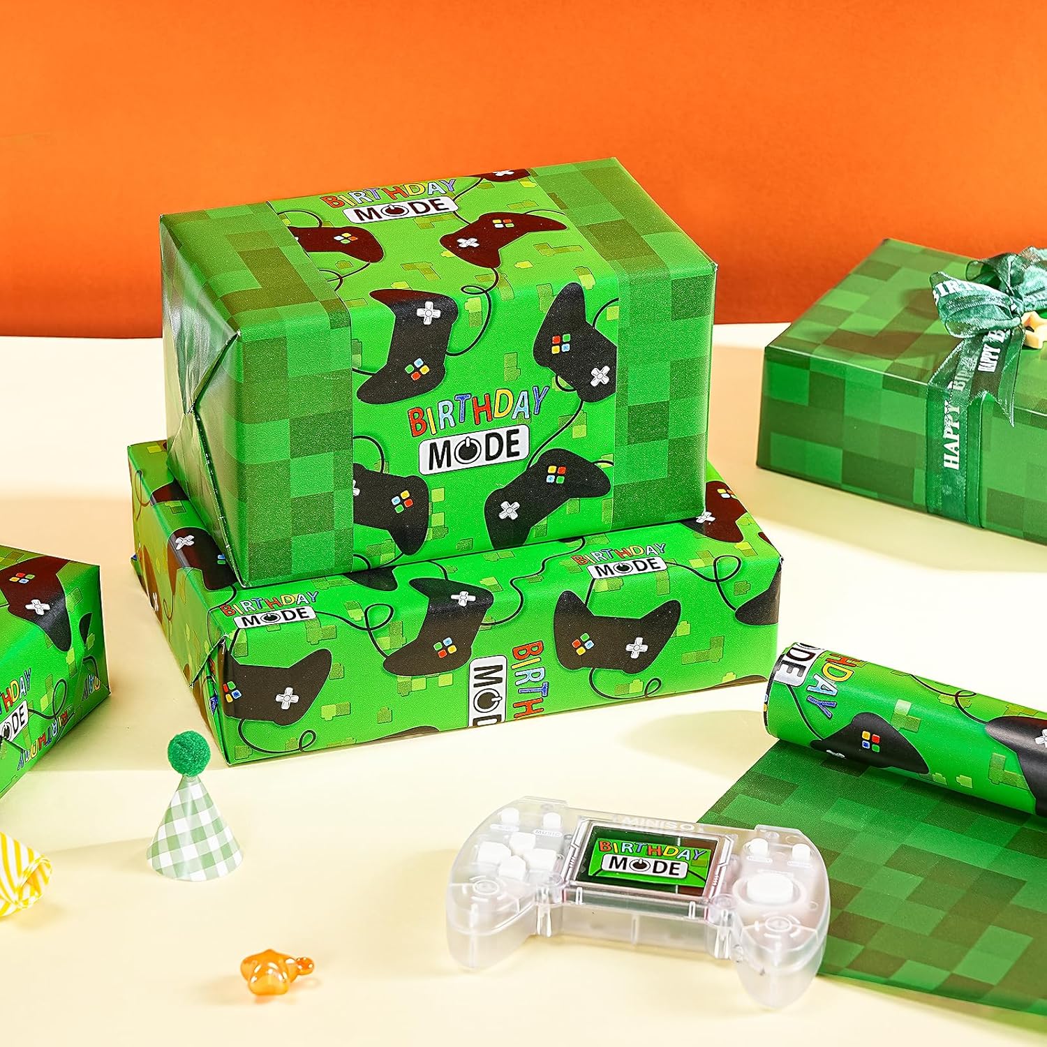 Reversible Birthday Gaming Wrapping Paper Roll, Mini Roll, Green Game Controller And Pixel Design Gift Wrap Paper For Kids, Boys, Game Lover, Birthday, Party, Holiday, 17 Inches X 16.4 Feet