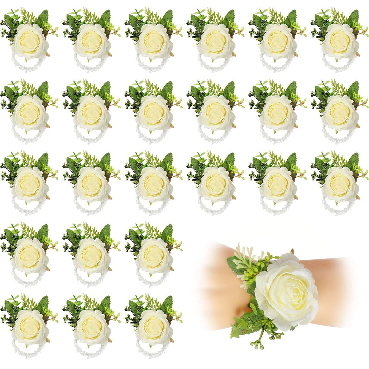 Wedding Rose Wrist Corsage Wristlet Band For Bridal Bridesmaid Women Flowers Bracelets Decor Wedding Artificial Flowers For Party Prom Homecoming(White,24 Pcs)