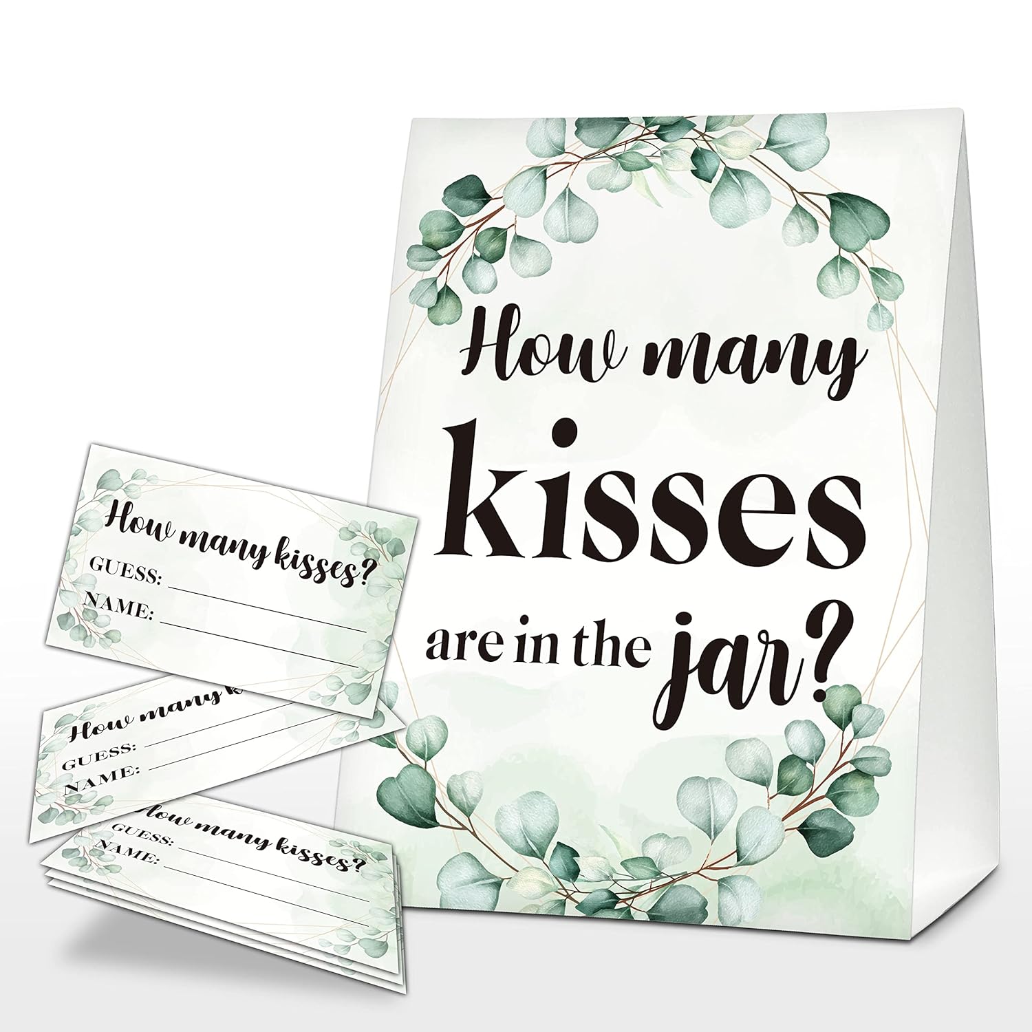 How Many Kisses Are In The Jar Sign, Greenery Bridal Shower Game, Eucalyptus Baby Shower Sign & Tickets, Wedding/Engagement Party Supplies Decorations - (1 Sign + 50 Find Cards) - 08