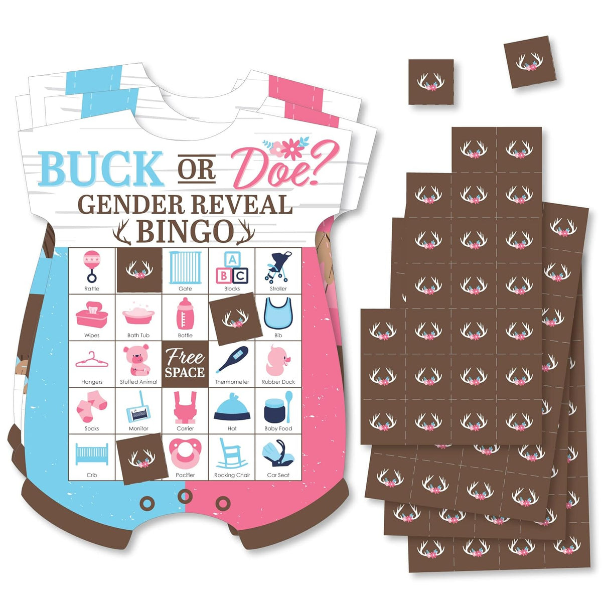 Big Dot of Happiness Buck or Doe - Picture Bingo Cards and Markers - Hunting Gender Reveal Party Shaped Bingo Game - Set of 18