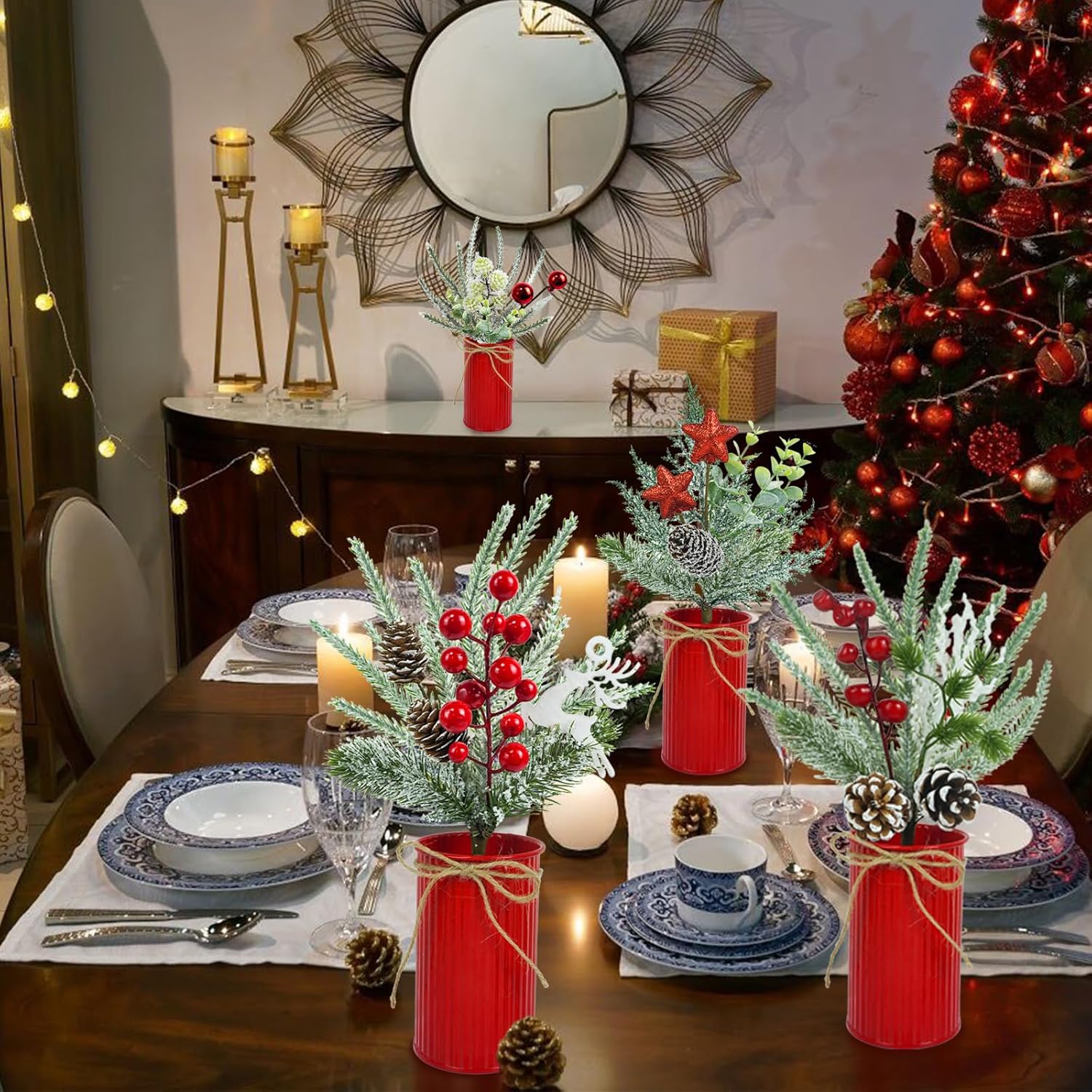 4 Pcs Christmas Centerpiece Table Decorations Artificial Potted Plants Floral Arrangement With Red Berries Pinecones Stars Balls For Home Desktop Farmhouse Party Decor