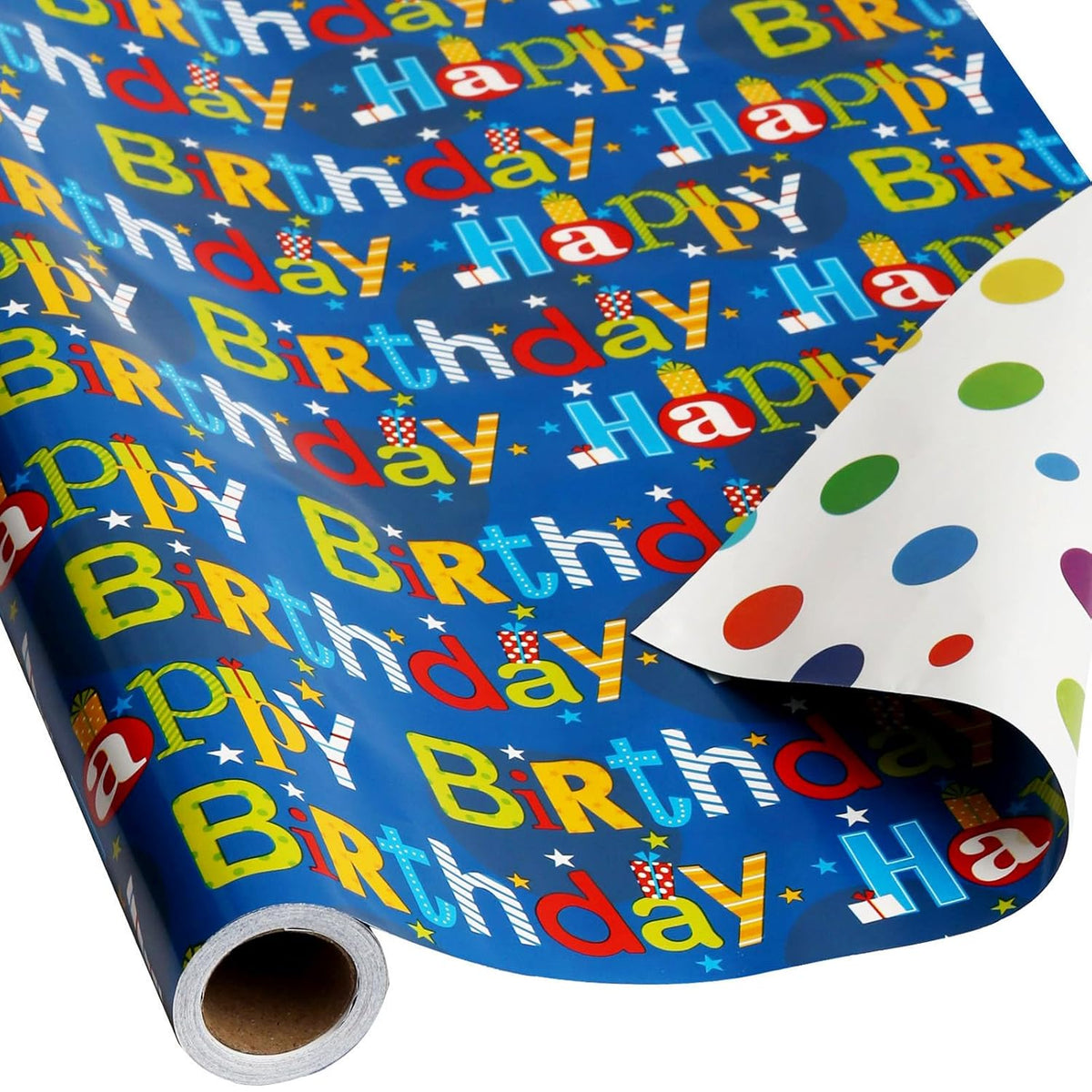 Reversible Happy Birthday Wrapping Paper Roll For Kids Boys Girls Birthday Greeting,Polka Dots Design Gift Wrapping Paper For Women Men Baby Shower Holiday 17.7Inch×394Inch Single Rolls