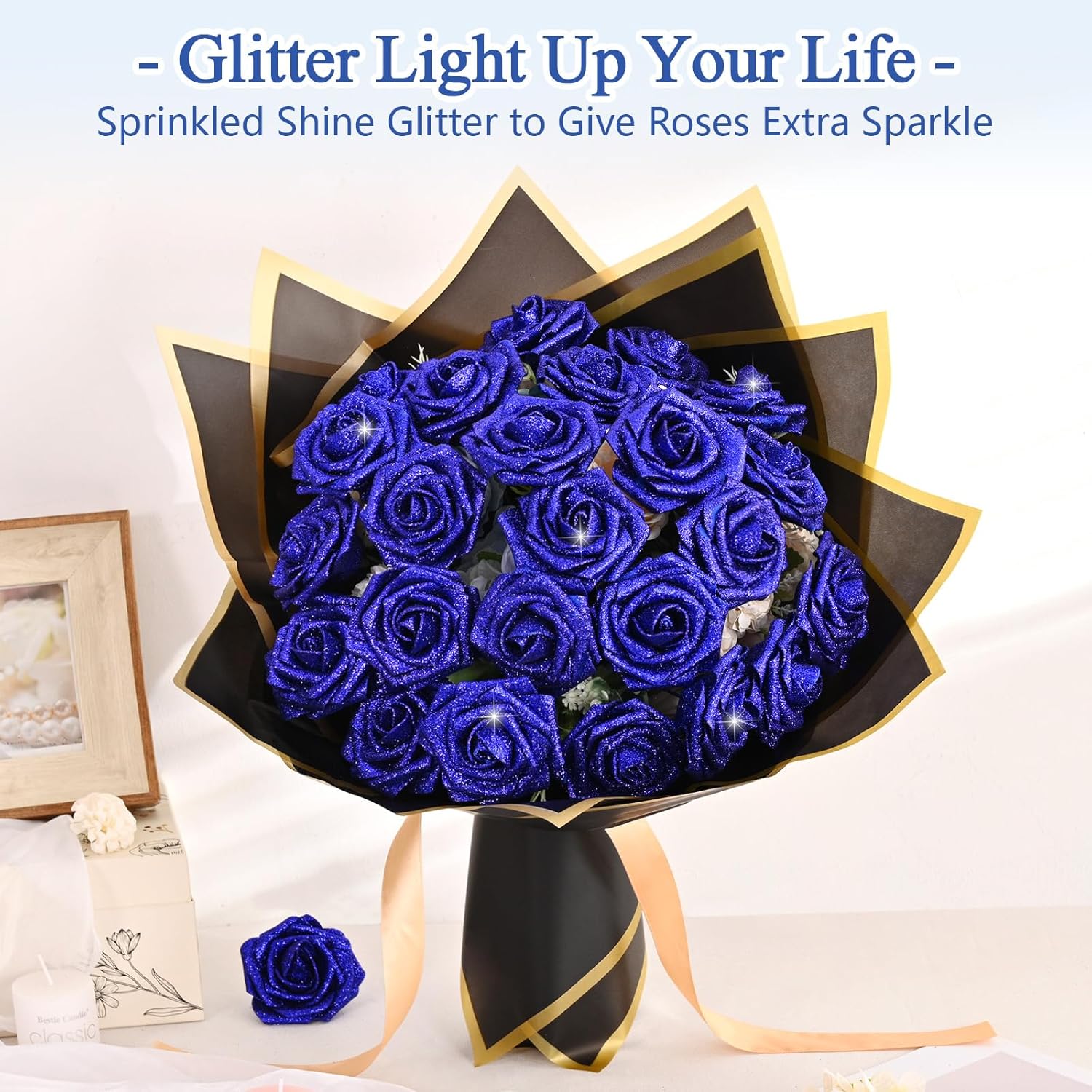 36Pcs Roses Artificial Flowers, Glitter Blue Roses Foam Flowers With Stems, Fake Flowers Glitter Foam Roses Bouquet For Diy Wedding Party Bridal Arrangements Table Centerpieces Home Decorations