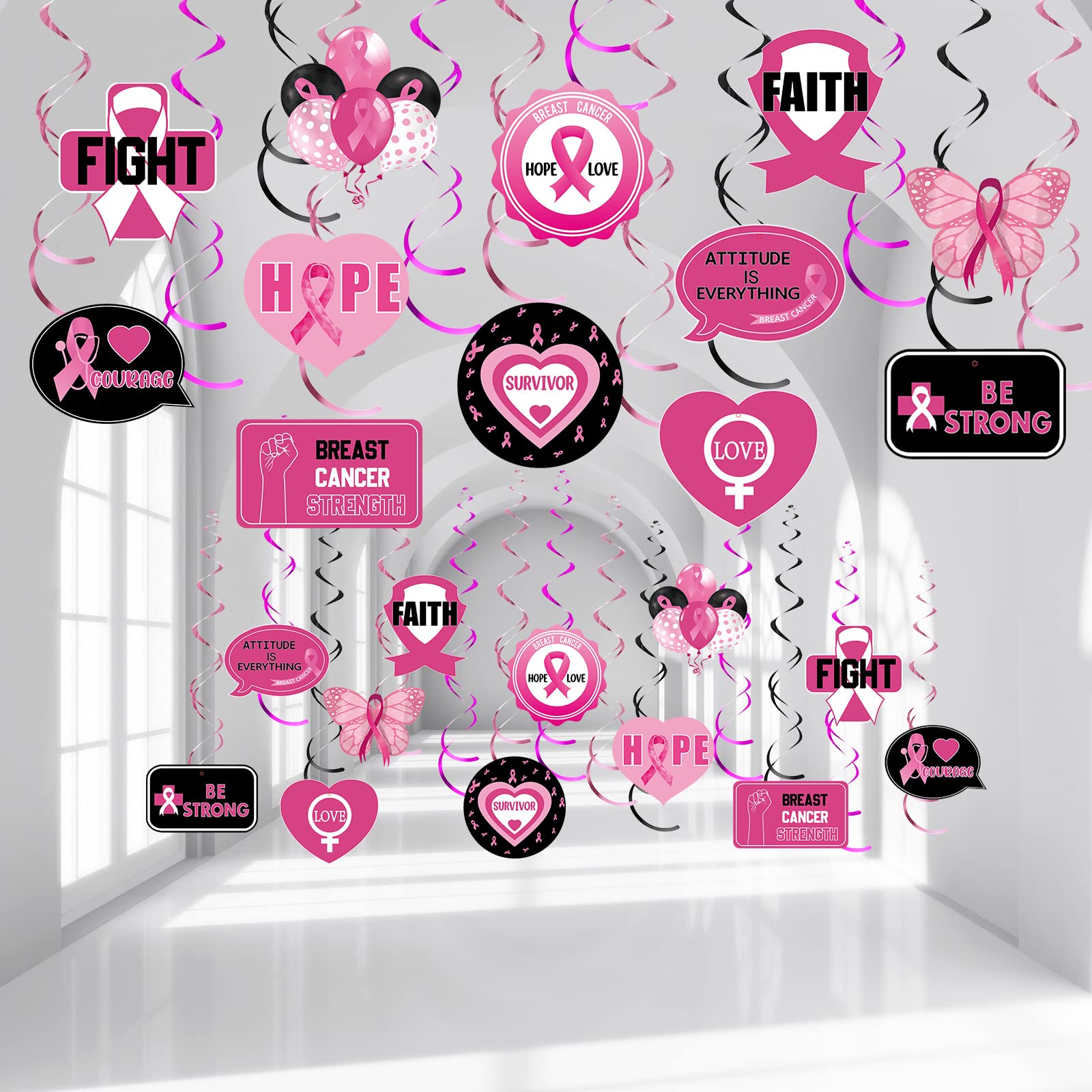 24 Pcs Breast Cancer Awareness Decorations, Pink Ribbon Swirl