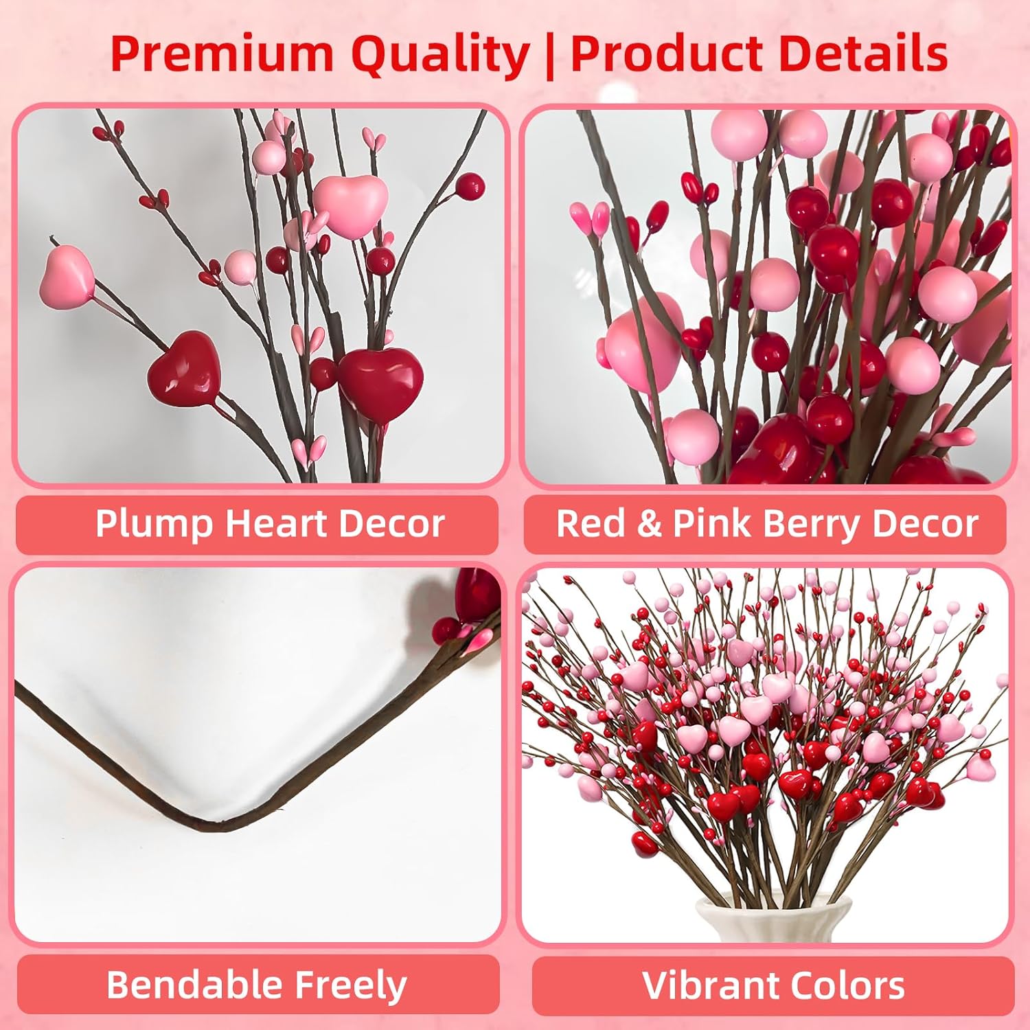 Valentines Day Decorations 16 Pack Valentines Day Picks, Valentines Day Floral Picks With Pink Hearts & Red Berries,Valentine'S Day Heart Pick For Vase, Home