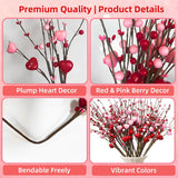 Valentines Day Decorations 16 Pack Valentines Day Picks, Valentines Day Floral Picks With Pink Hearts & Red Berries,Valentine'S Day Heart Pick For Vase, Home