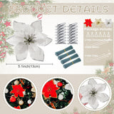 100 Pieces Christmas Glitter Artificial Poinsettia Flowers With Clips And Stems 5 Inch Poinsettia Artificial Decorations Christmas Tree Flowers Ornaments(Red, Gold, Silver)