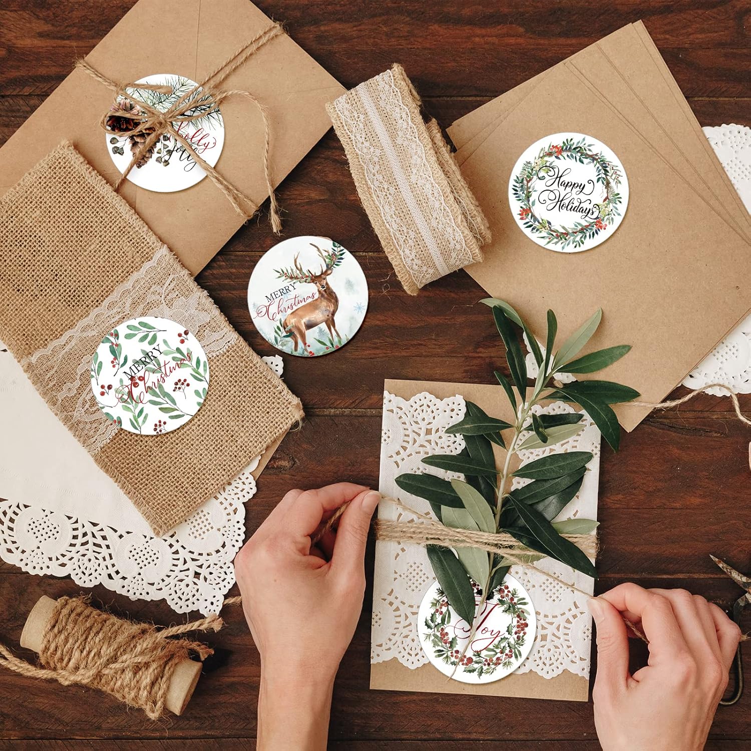 1000Pcs Christmas Stickers 1.5Inch Assorted Round Sticker In Roll Rustic Christmas Tree Wreath Elk Truck Pattern Label Stickers For Xmas Seals Cards Presents Envelopes, 8 Designs
