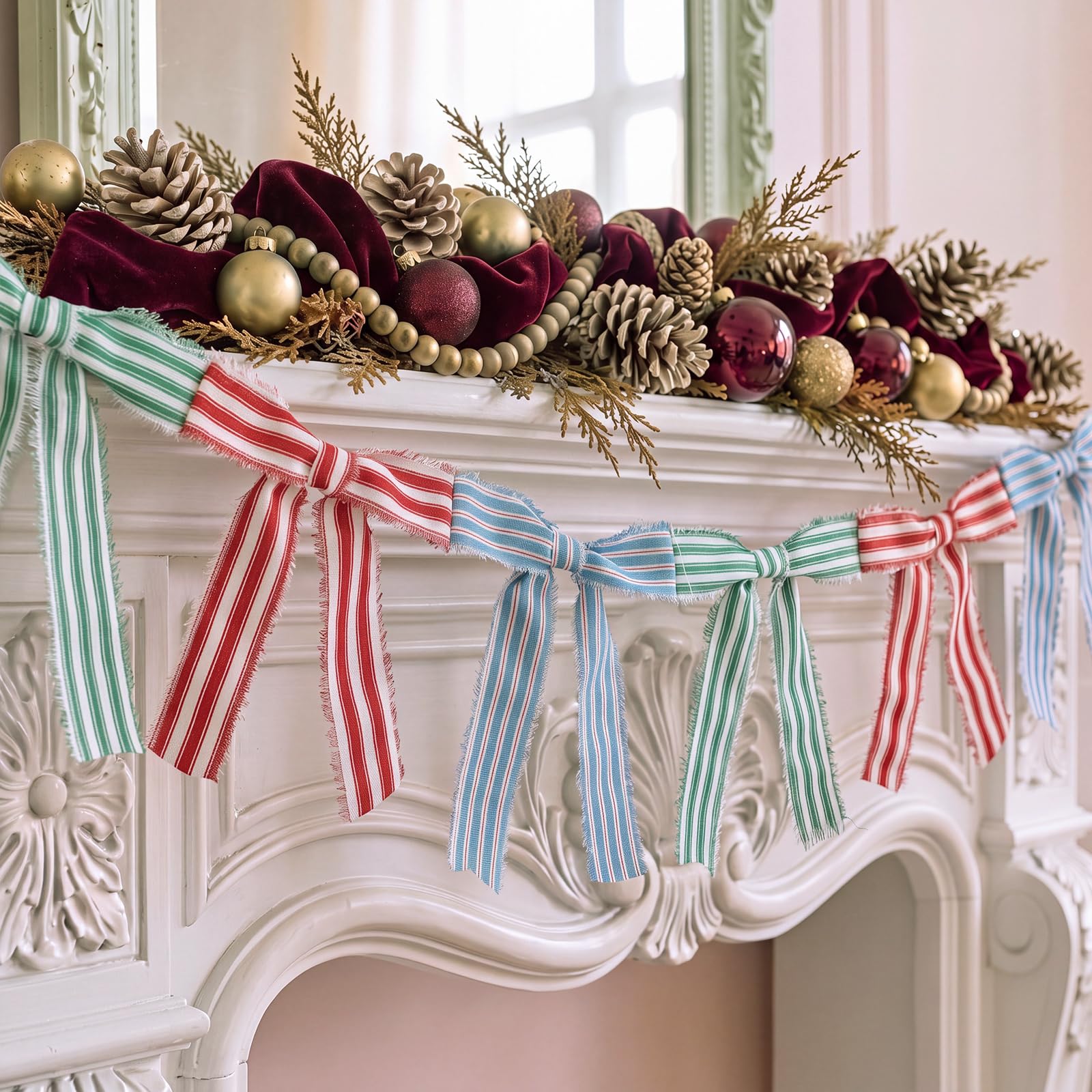 6.7 ft Christmas Fringed Stripe Bow Garland Red Blue Green Tattered Edge