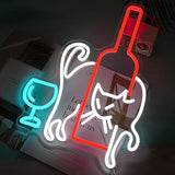 Cat Beer Neon Sign USB Dimmable LED Wall Light with Wine Glass for Home Bar Man Cave Decor
