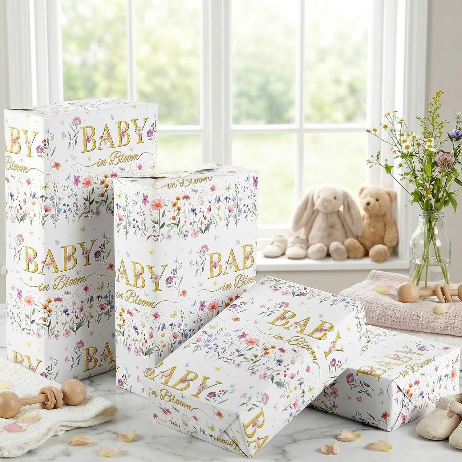 Floral Baby Shower Wrapping Paper Wildflower Newborn Gift Wrap Baby In Bloom Wrapping Paper With Butterfly Design For Kids Birthday Holiday Christmas Newborn Party Supplies, 17 Inch X 16.4 Feet