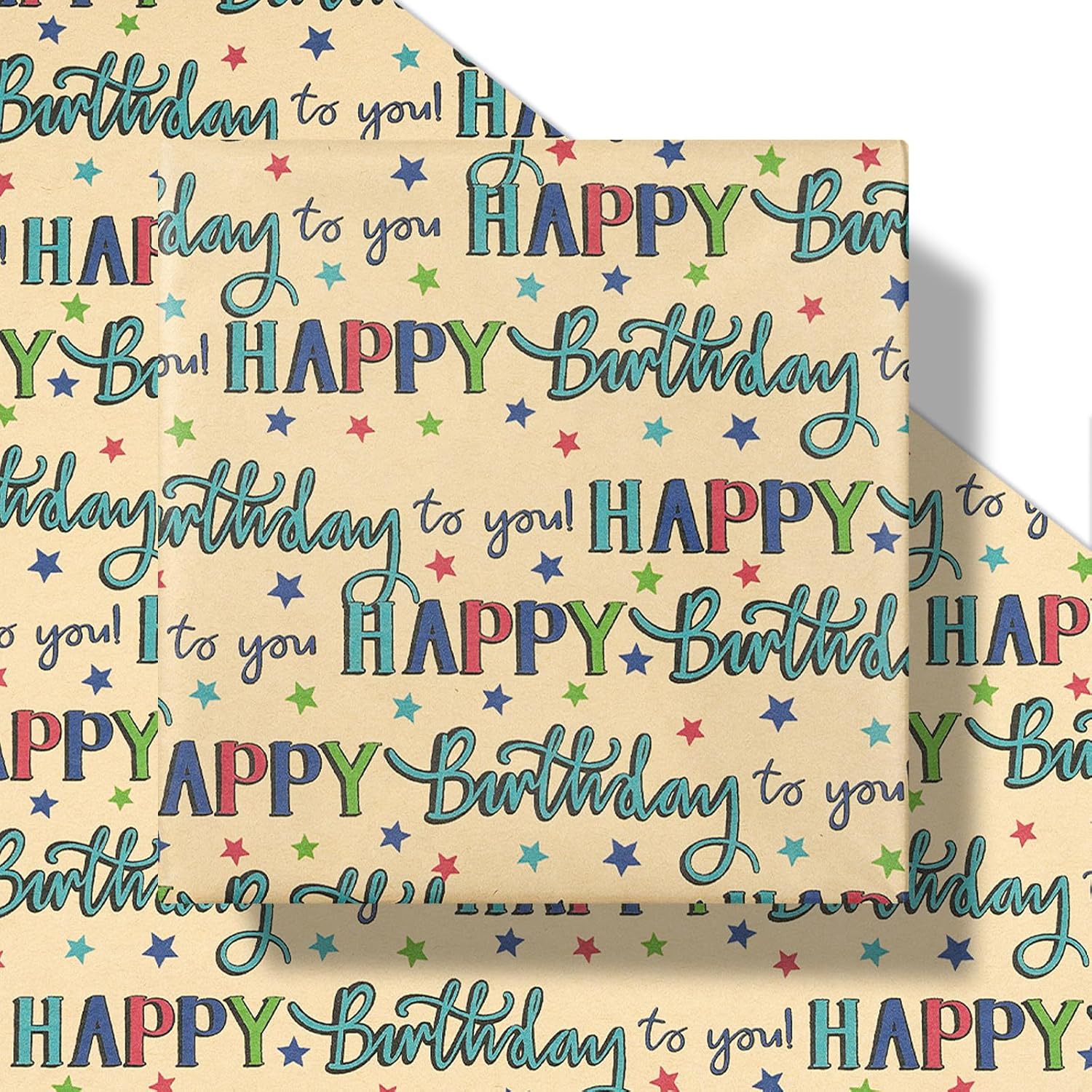 Birthday Wrapping Paper Roll, Mini Roll, Colorful Happy Birthday Lettering And Star Design, Blue Kraft Gift Wrap Paper For Boys, Girls, Men And Women, 17 Inches X 16.4 Feet