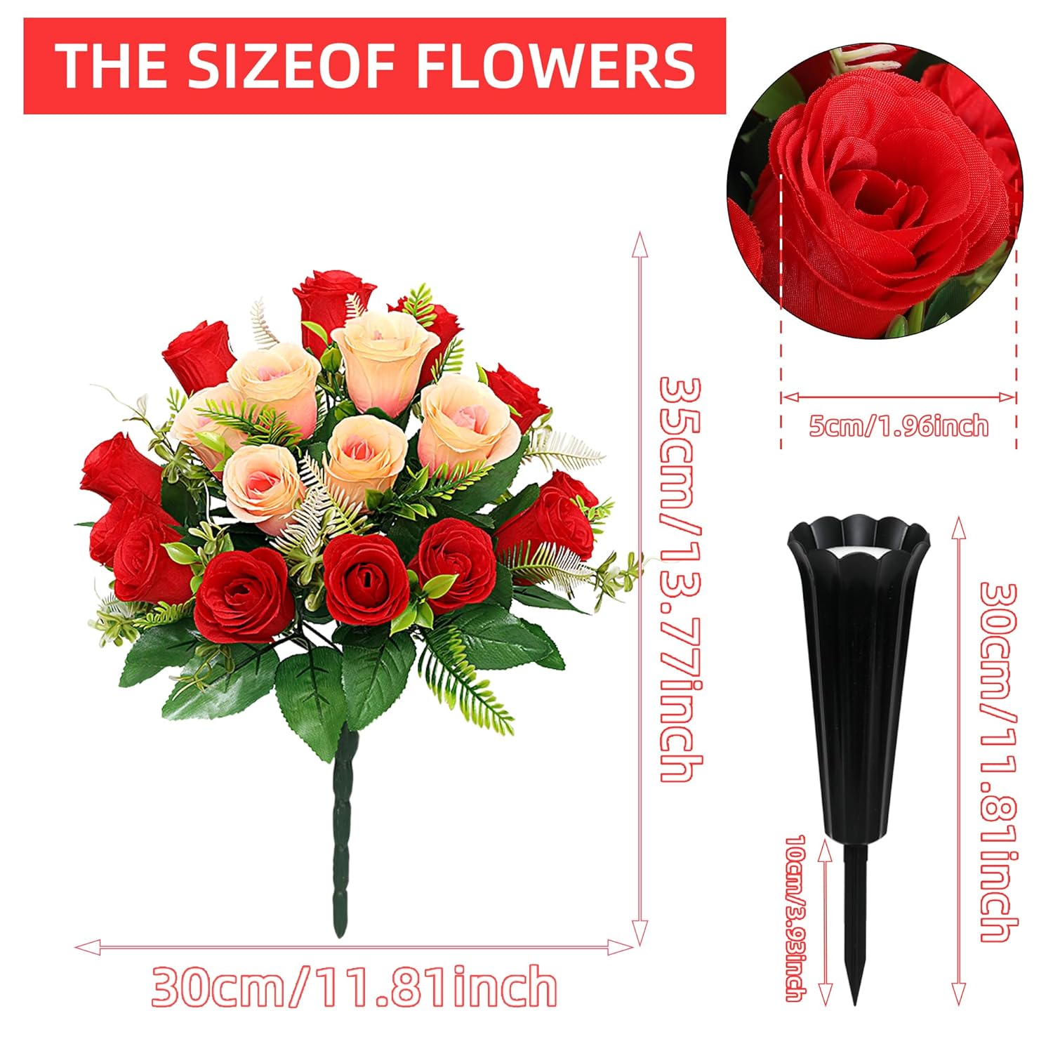 Artificial Cemetery Flowers,Cemetery Flowers For Grave,Outdoor Grave Decorations Roses,Memorial Flowers Bouquet With Cemetery Vase For Headstone Tombstone Decoration,2 Sets (Red Cranberry)