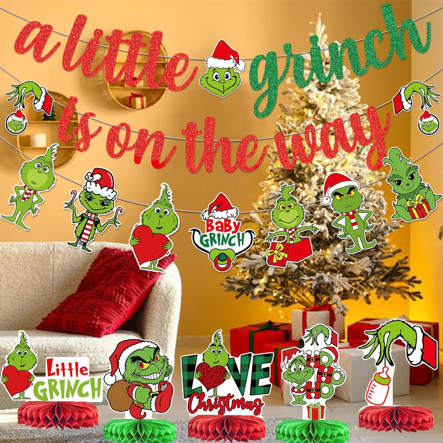 Green Monster Christmas Baby Shower Decorations With Banner Centerpieces Garland For Whoville Gender Reveal Party Supplies