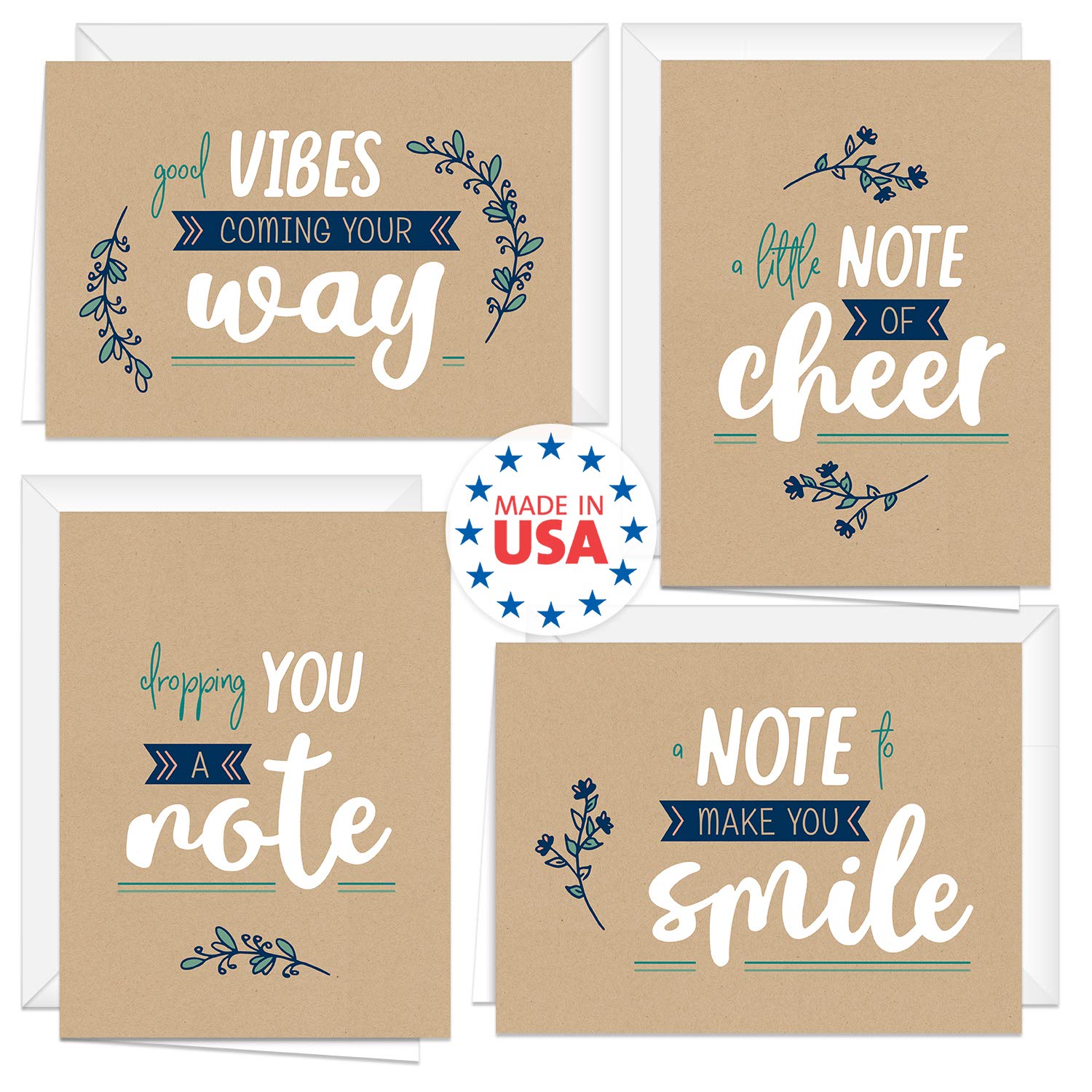 Encouraging Kraft Look Greeting Cards / 12 Friendship Note Card Pack With White Envelopes / 5" X 7" All Occasion Cards / 4 Modern Faux Brown Kraft Card Designs/Made In The Usa