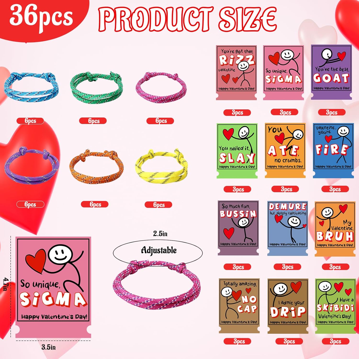 36 Pack Slang Words Valentine'S Day Cards With Friendship Knot Bracelets, School Valentines Day Gifts Bulk For Kid, Student, Tween, Teen, Girl, Boy From Teacher Classroom Exchange Party Favors