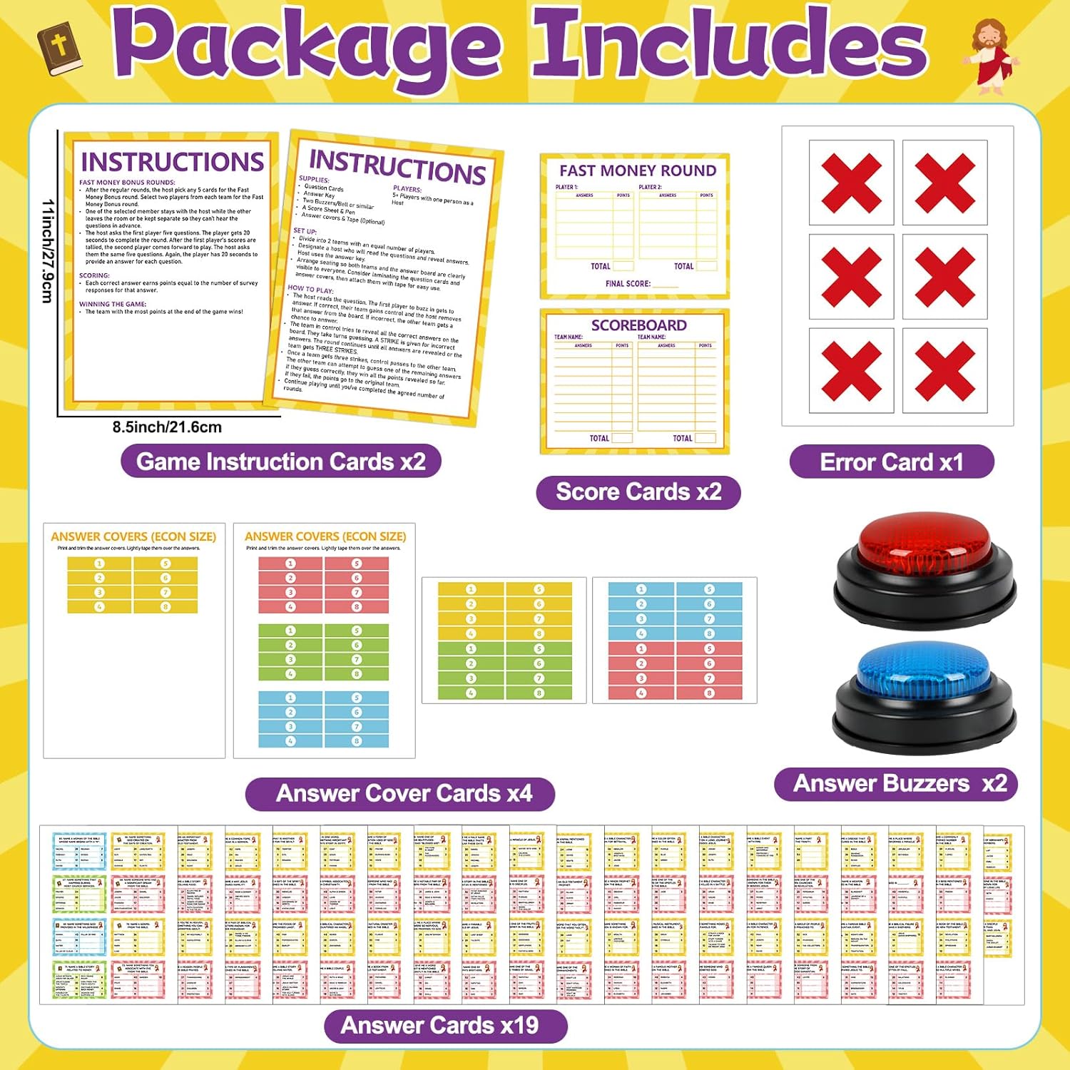 Christian Bible Friendly Feud Game Religious Card Board Game Night Church Group Bible Trivia Games Cards With Two Buzzers For Church Group Activity Xmas Holiday Party Office Class Team Building