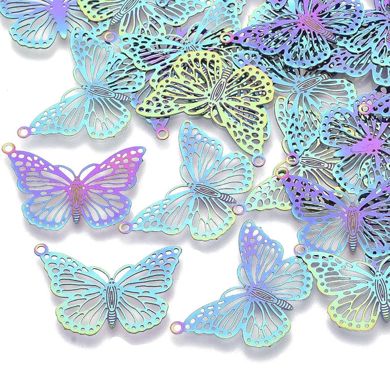 50Pcs Stainless Steel Butterfly Filigree Connectors Pendants Rainbow Etched Me