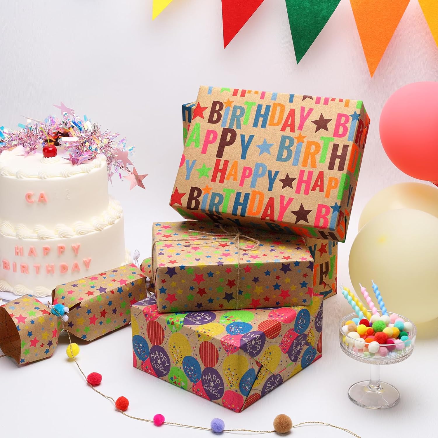 Kraft Birthday Wrapping Paper - 30 Inch X 10 Feet (3 Rolls: 75 Sq. Ft. Ttl.) - Balloons & Star Design Perfect For Birthday, Party, Baby Shower, Christmas, Gift Wrap