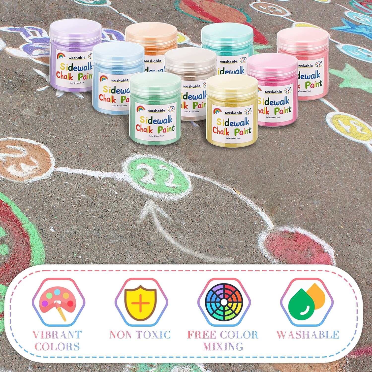 9 Pcs Sidewalk Chalk Paint Kit Non Toxic Paint Washable Powdered Chalks Mix In Water 9 Vibrant Colors With Paintbrush For Creative Sidewalk And Chalkboard Fun