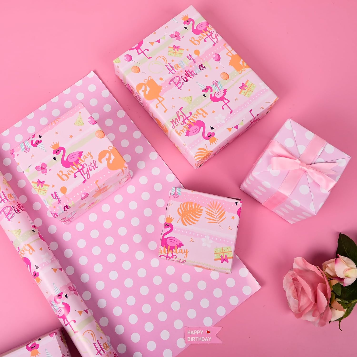 Reversible Flamingo Wrapping Paper Roll For Kids Girls Women - Pink Gold Flamingo Happy Birthday And Polka Dot Design Gift Wrap Sheets For Summer Baby Shower Party Total 28.5Sq.Ft