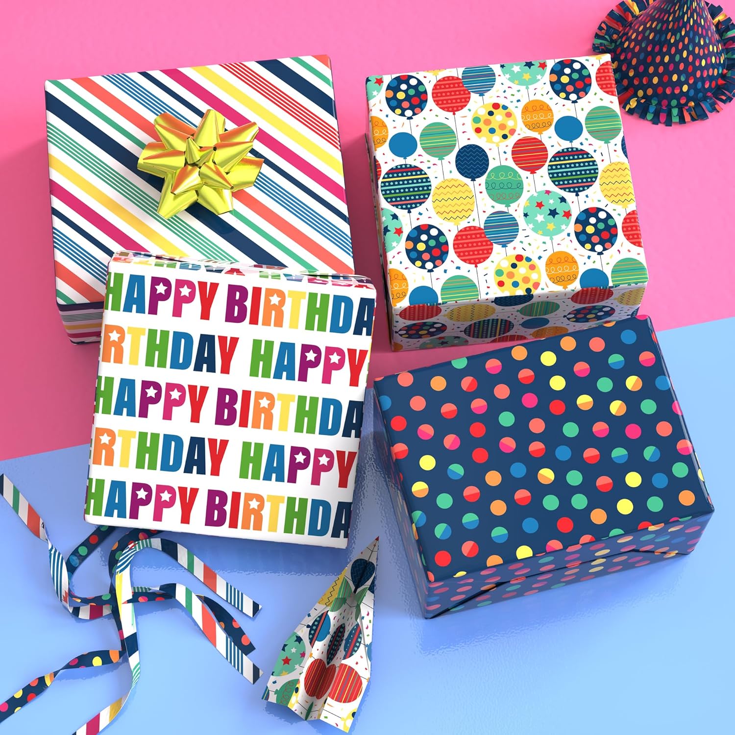 Birthday Wrapping Paper For Boys Girls Women Men,12 Sheets Gift Wrapping Paper With “Happy Birthday” Polka Dots, Balloons, Colorful Stripes - Holiday Gift Wrap 20×28 Inch