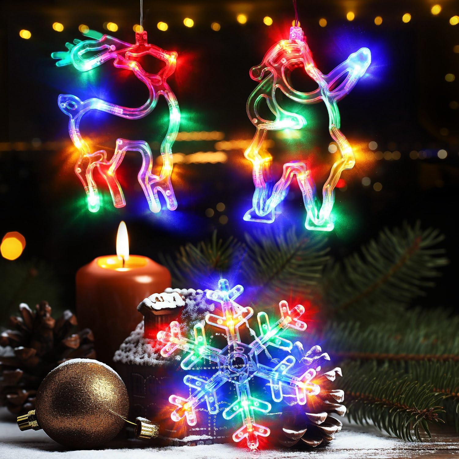 3Pcs Christmas Window Lights, Battery Powered Christmas Window Hanging Decorations Reindeer & Christmas Tree & Snowflake