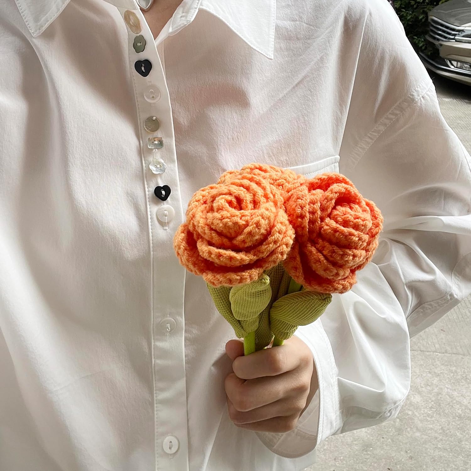 3Pcs Orange Handmade Crochet Artificial Flowers, 9" Knitted Fake Flower For Home Kitchen Wedding Table Decor