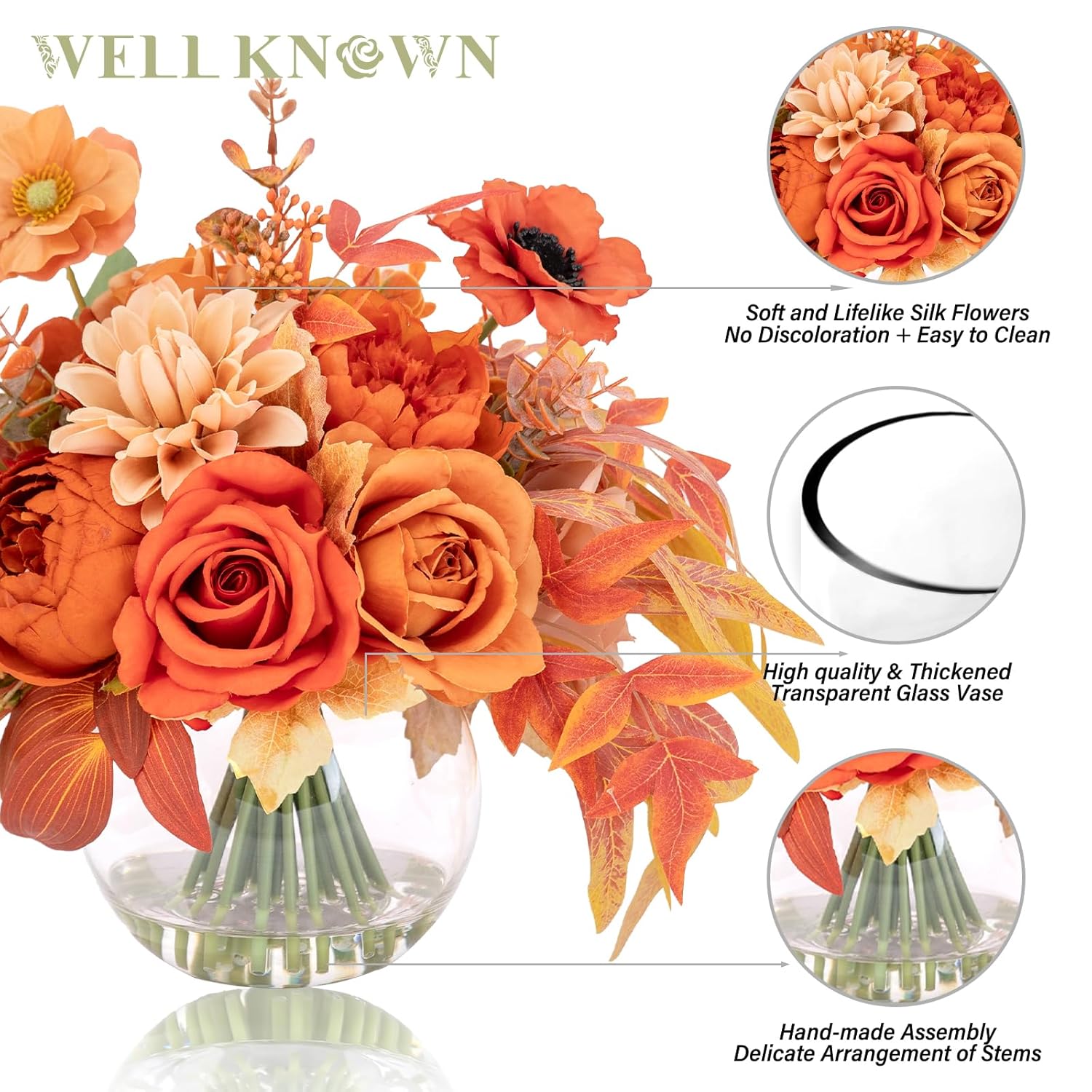 Artificial Flowers In Vase, Silk Rose Peony Dahlia Flower Bouquet Table Centerpieces With Faux Water For Winter Home Decor Fake Flowers Arrangement For Wedding Birthday Party Decor (Orange & Earth)
