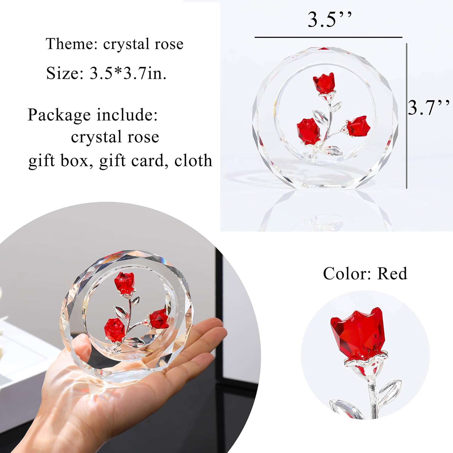 Red Rose Flower Crystal Figurine With Vase - Bouquet Flowers Ornament Gifts For Wife Girlfriend Women - Handmade Crystal Flower Collectible Home Table Decor ?For Valentine'S Day Wedding Anniversary