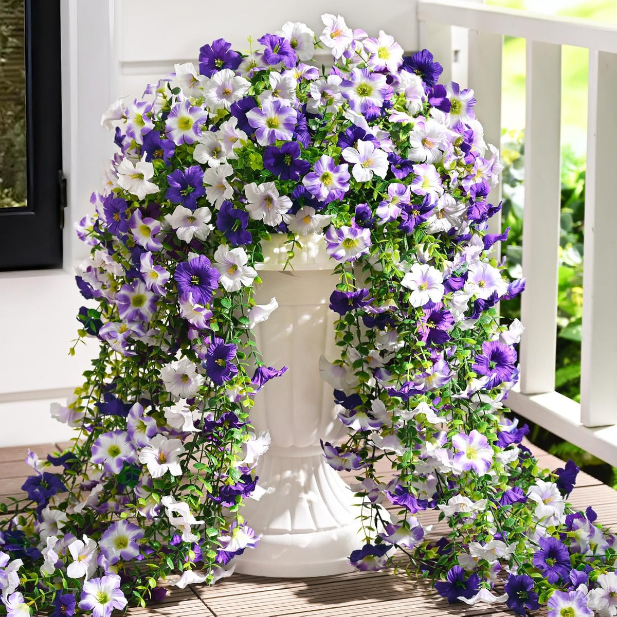 Artificial Petunias Flowers For Outdoors, 2 Pcs Uv Resistant Fake Hanging Plants Spring Outside Decor, Faux Silk Flowers Long Trailing Vines For Outdoor Planters Porch Garden (Purple White)