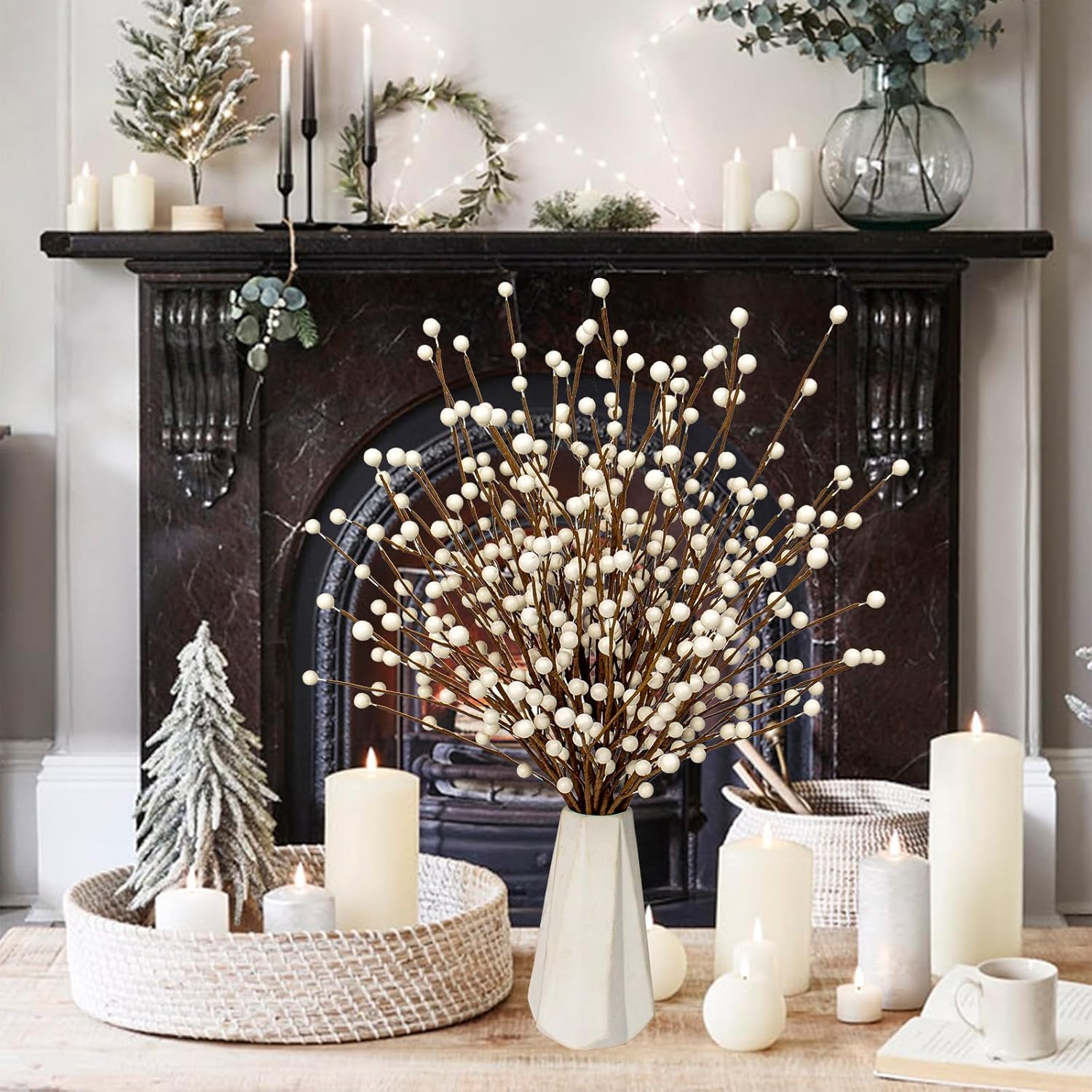 24 Pcs White Berry Picks 17 Inch Tall Christmas Berry Stems Christmas Tree Branches With White Berries For Xmas Tree Winter Holiday Vase Filler Centerpiece Flower Arrangement