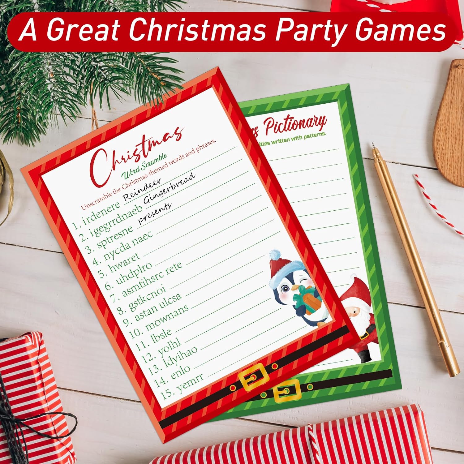 30 Players Christmas Party Games For Adults Family Office Large Groups, Xmas Parties Songs Pictionary Game, Guesstures Game, Word Scramble Games With Answer Key (Santa & Penguin)