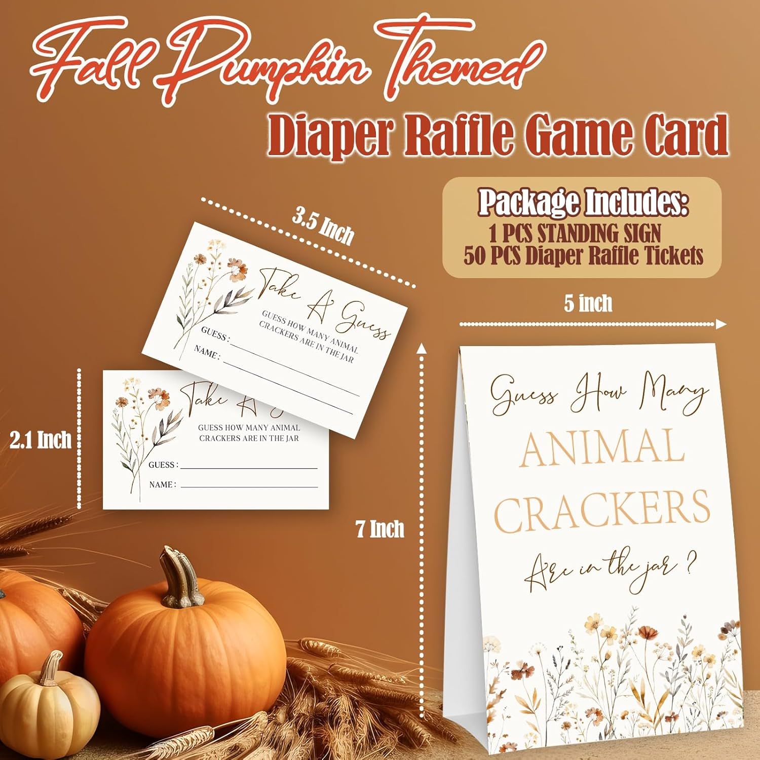 Wildflower Guess How Many Animal Crackers - Thanksgiving Baby Shower Card Set (1 Sign With 50 Guess Cards), Fall Floral Gender Reveal Party Favor Supplies -A17