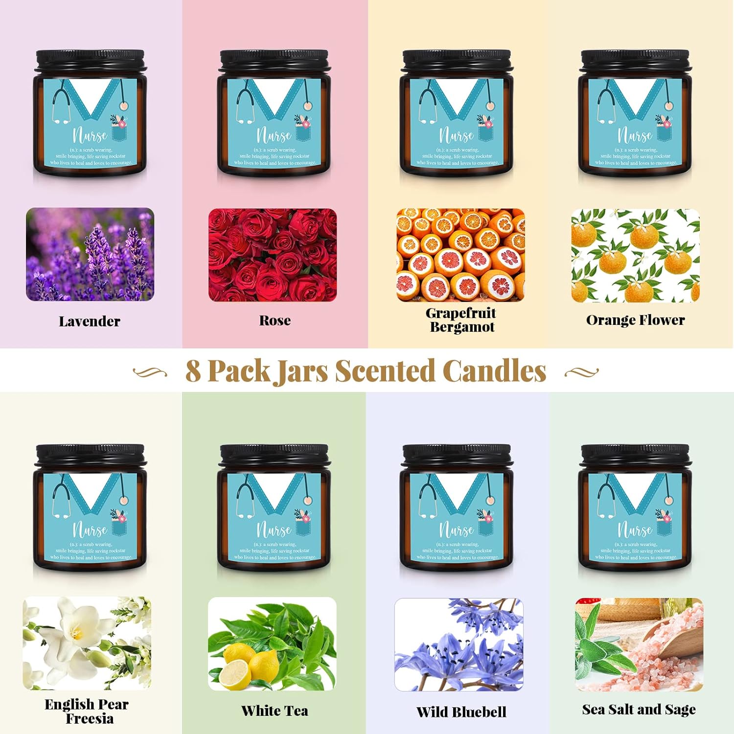 8 Pcs Nurse Appreciation Gifts For Nurses Week Gifts 3.5 Oz Candle Soy Wax Scented Candles For Nurse Women, 8 Scents(Amber)