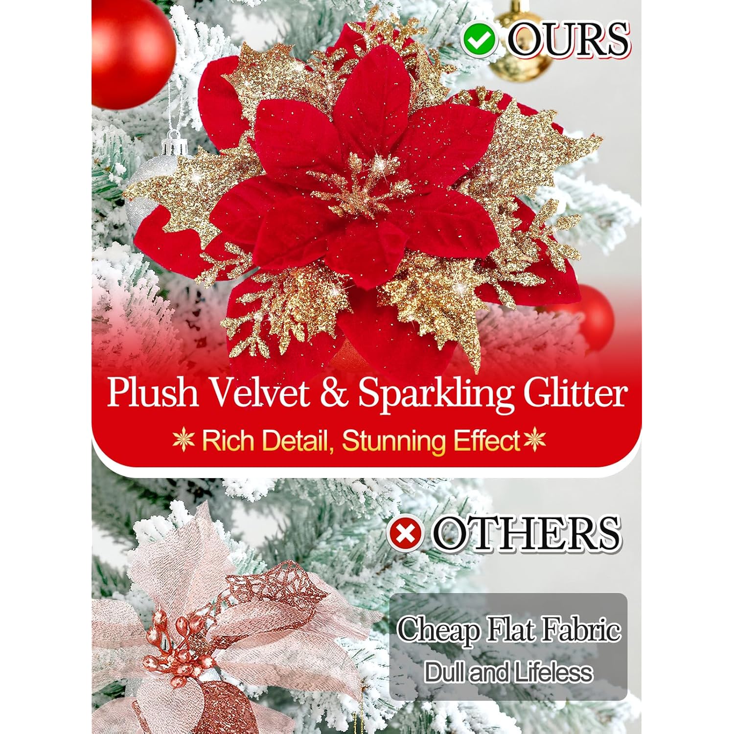12Pcs Velvet Christmas Decorations Poinsettia Artificial Flowers - 5.5'' Red Glittery Poinsettia With Picks Christmas Tree Garland Ornaments For Xmas Party Wedding Table Centerpieces Decor