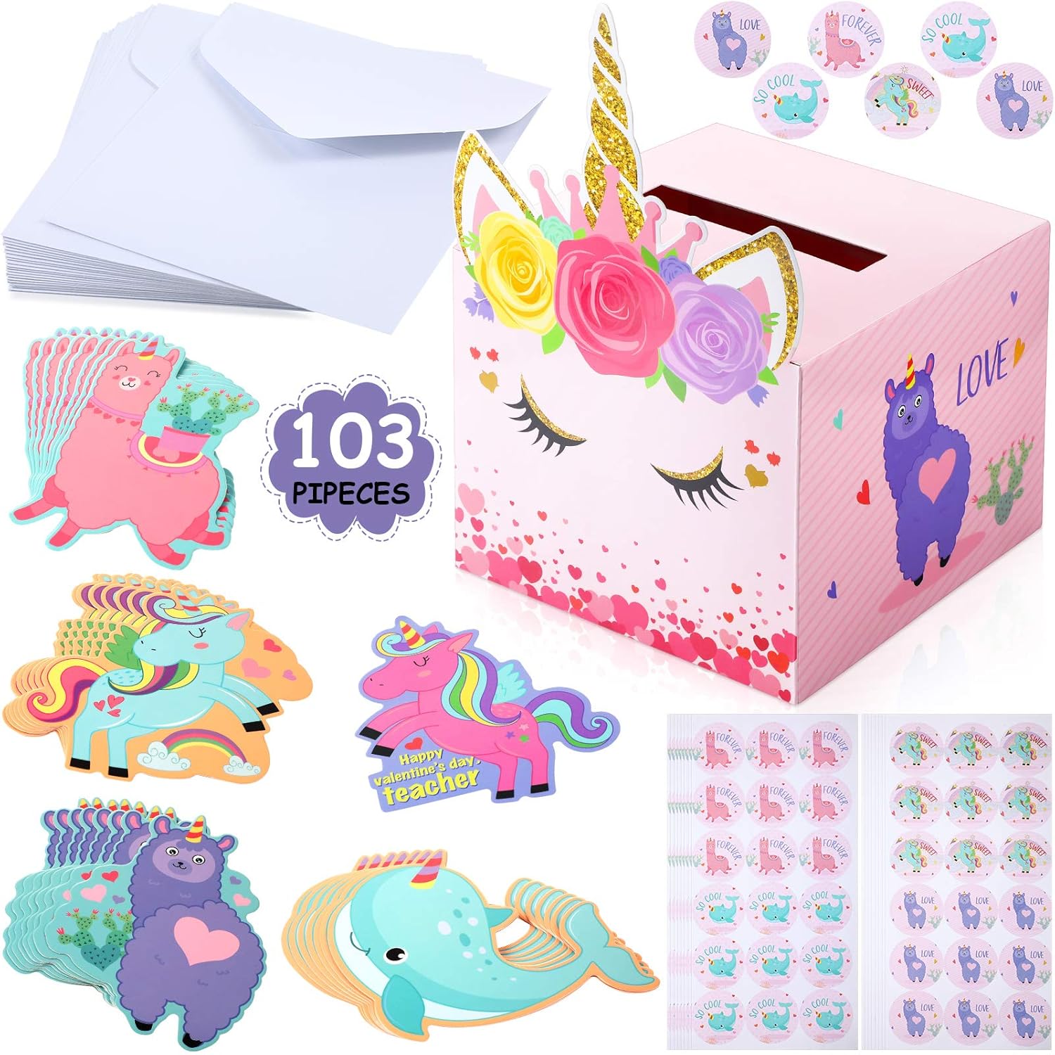 Valentine'S Boxes Unicorn Valentines Cards With Envelopes And Unicorn Stickers For Classroom Exchange Party Favor (1 Mailbox, 33 Valentine Cards, 33 Envelopes, 36 Stickers)