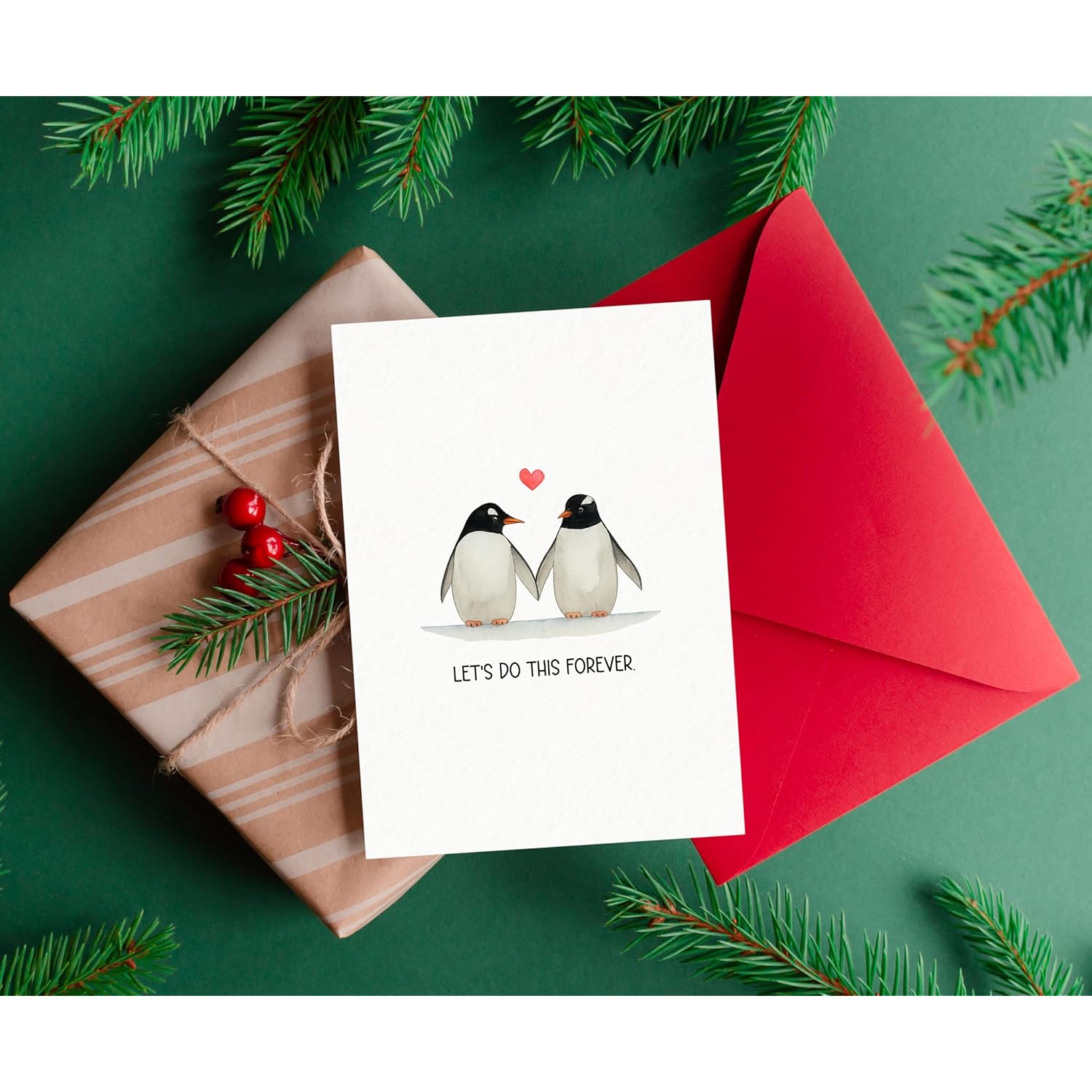Valentines Day Card For Him, Her – Cute Penguin Love Card With Heart – Romantic Anniversary Card For Couple, Husband, Wife – Sweet Love Gifts For Valentine Or Any Occasion For Men, Women - Folded Card 5"X7" With Red Envelope