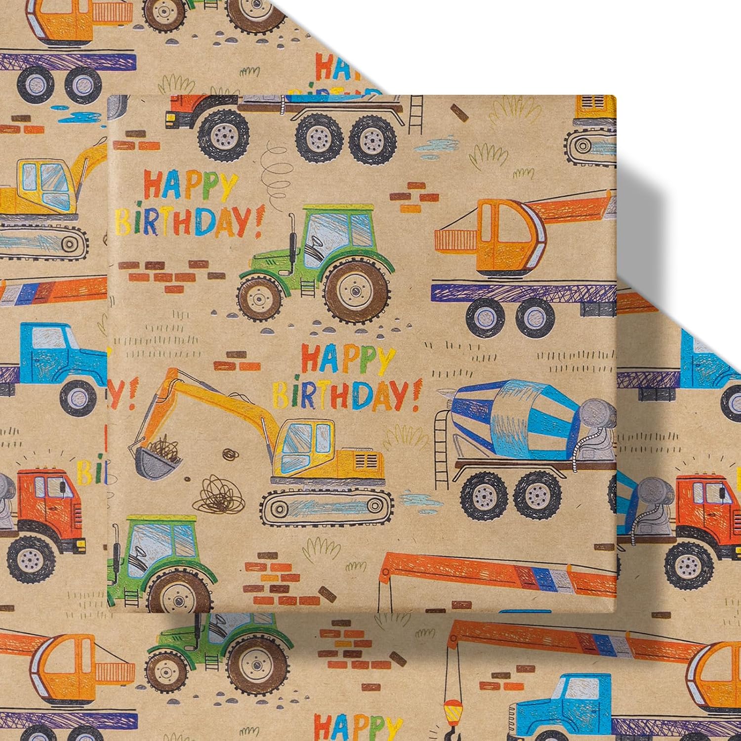 Mini Roll Wrapping Paper - Cartoon Truck & Happy Birthday Text Design Kraft Wrap Paper, Great For Kids Boys Birthday, Truck Party - 17 Inches X 32.8 Feet