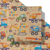 Mini Roll Wrapping Paper - Cartoon Truck & Happy Birthday Text Design Kraft Wrap Paper, Great For Kids Boys Birthday, Truck Party - 17 Inches X 32.8 Feet